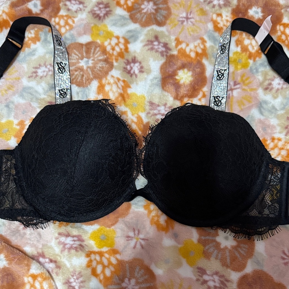 Victoria's Secret Black Lace Bra with Patterned Straps